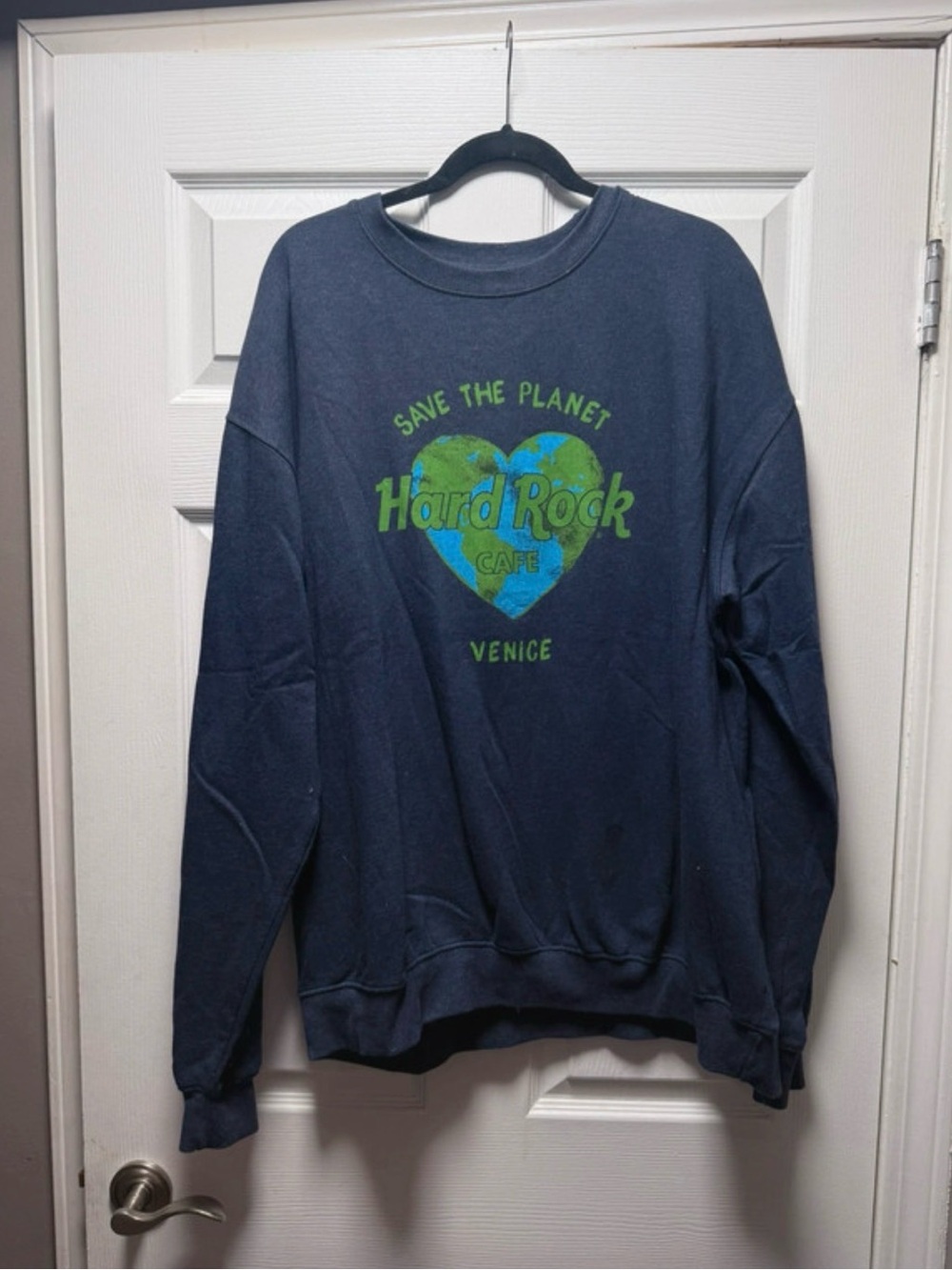 Hard Rock Cafe Navy Crewneck with Green & Blue Heart Graphic - 3X